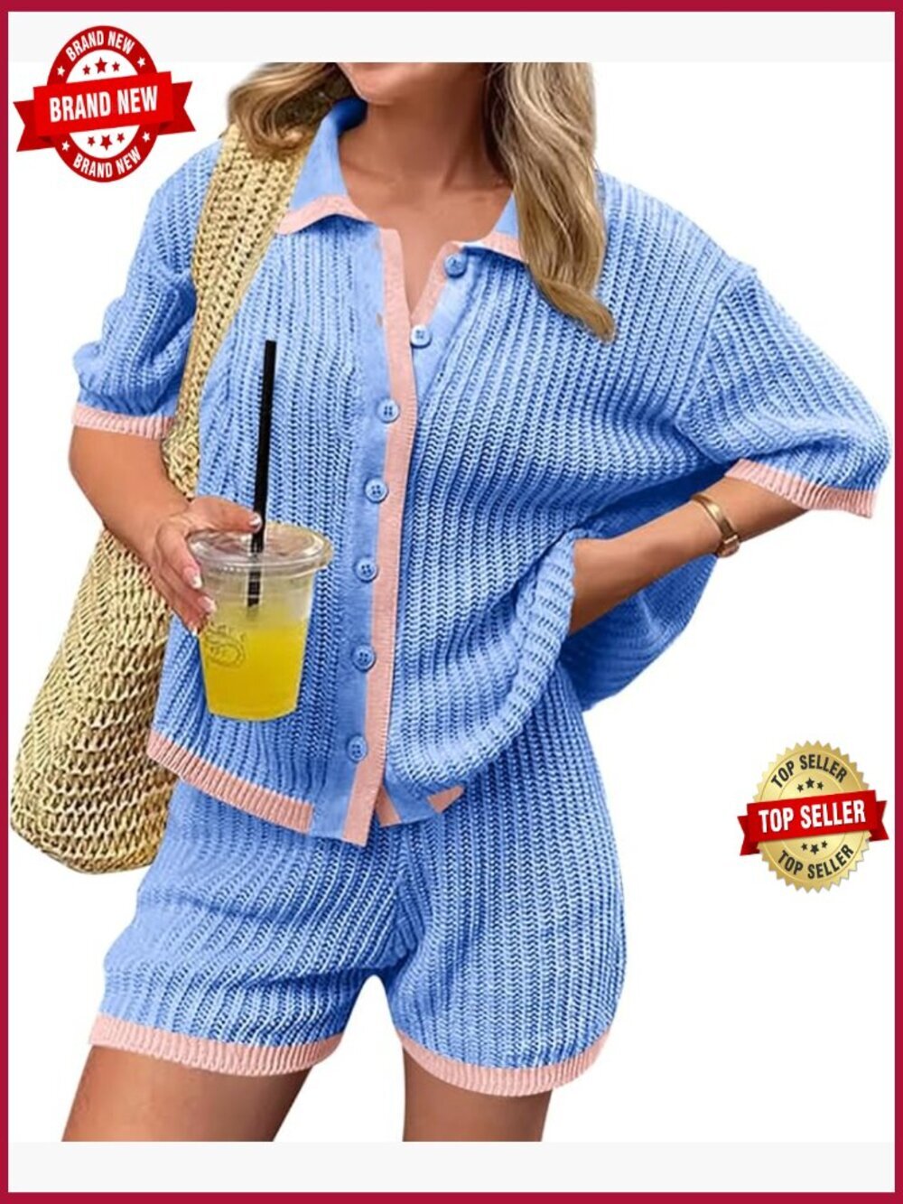 Women's 2 Piece Short Set with Collared Top and Crochet Knit Lounge Outfit